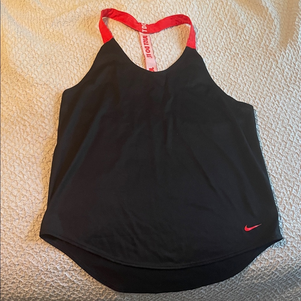 Nike Women's Black Open-Back Dri Fit Tank Top with Red Accents